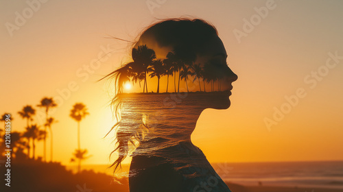 Double exposure portrait of a woman with tropical beach sunset and palm trees.