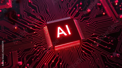 Abstract glowing printed circuit board with AI text written on it. Glowing AI text. AI revolution, the game changer in technology!