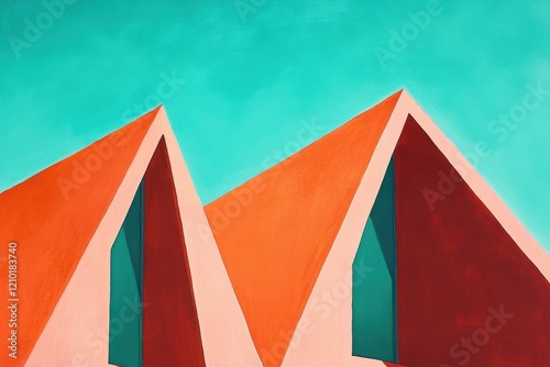 Architectural design featuring geometric rooftops in vibrant colors against a turquoise sky, showcasing modern art in urban environments and creative spaces.