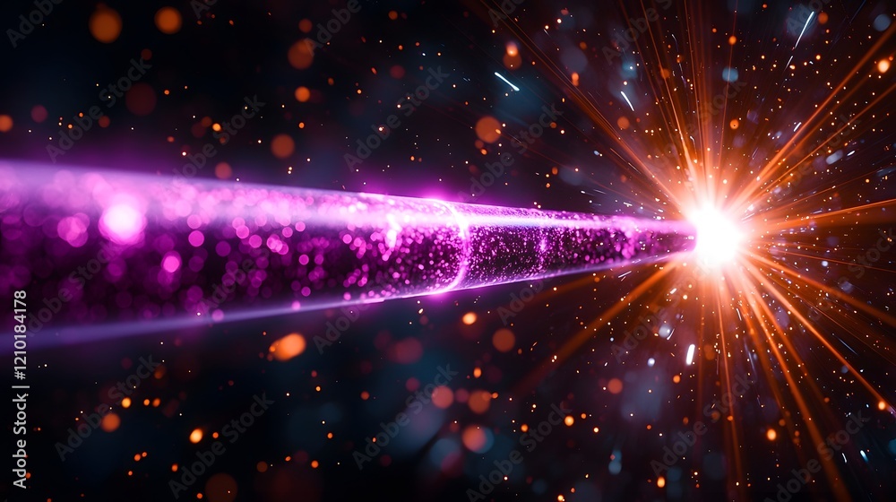Naklejka premium Futuristic purple laser beam piercing a black backdrop surrounded by vibrant flares and radiant light rays creating a captivating cosmic and technological visual display