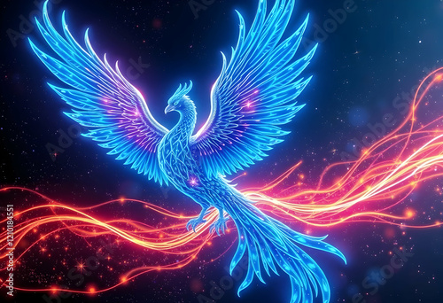 Glowing blue phoenix, ethereal energy wings, cosmic background, starry night sky, magical creature, fantasy art, luminous feathers, rising from ashes, celestial bird, mythical rebirth, divine light, m photo