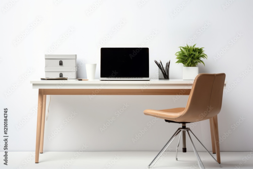 Fototapeta premium Modern home office desk setup with laptop showing blank screen and chair