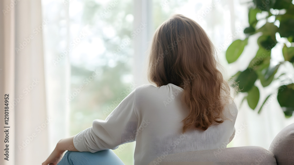 Side view of a young woman sitting on a windowsill, gazing thoughtfully out the window, lost in her thoughts, with soft light illuminating her peaceful expression.
Side view of a young woman sitting on a windowsill, gazing thoughtfully out the window, lost in her thoughts, with soft light illuminating her peaceful expression.