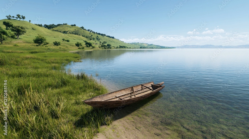 Serene lakeshore with wooden boat Serene lakeshore with wooden boat