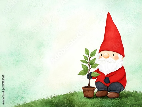 Earth day gnome watercolor concept. A charming gnome in a red hat nurturing a small plant in a pot. photo