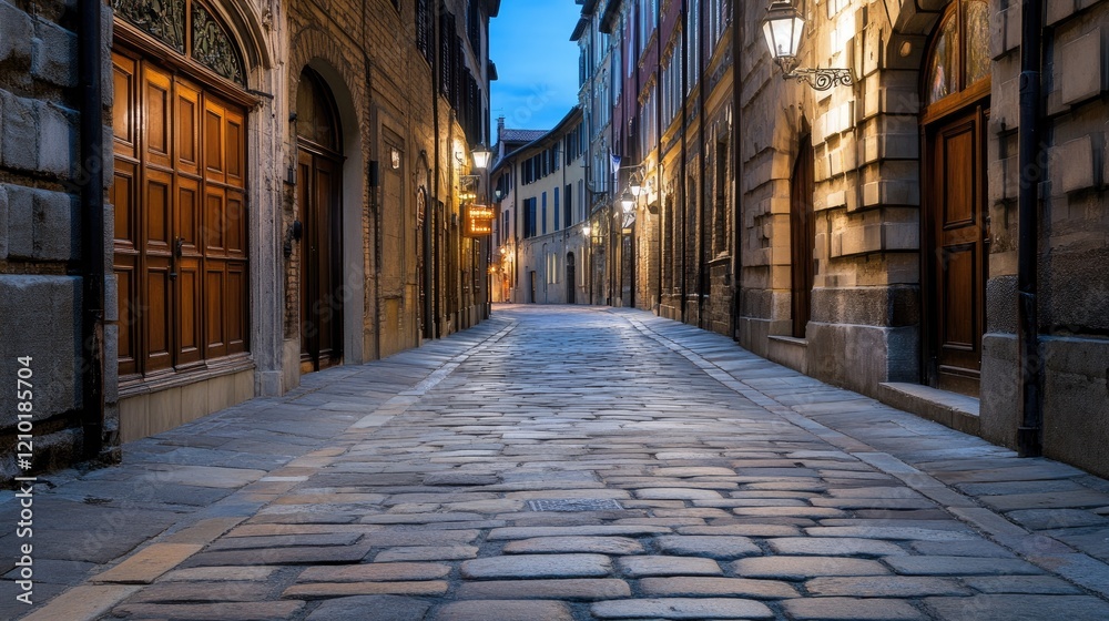 Obraz premium Explore the narrow cobblestone street of Ronda at night, where illuminated lanterns and stone walls create a historic ambiance