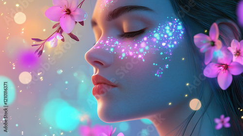 Dreamy fantasy portrait of a woman with glowing floral face art and ethereal glow