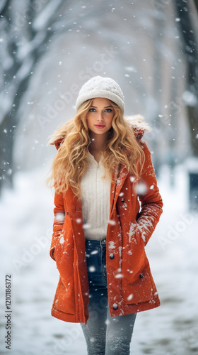 Girl Amidst Snowflakes.  eautiful Woman in a Winter Park photo