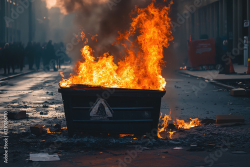 A large dumpster on fire in the evening where the fire is overflowing over the sides.