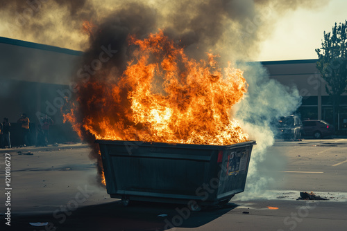 A large dumpster on fire in the evening where the fire is overflowing over the sides. photo
