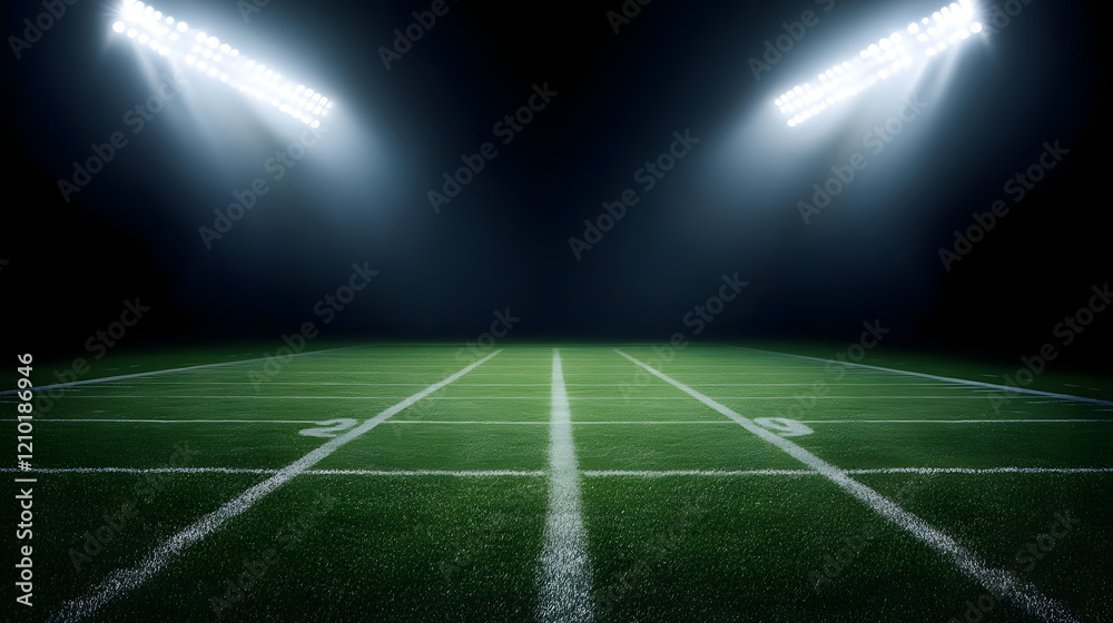 Football field illuminated by stadium lights, with copy space for text, highlighting the vibrant green pitch and the electrifying atmosphere of an evening match.
Football field illuminated by stadium lights, with copy space for text, highlighting the vibrant green pitch and the electrifying atmosphere of an evening match.