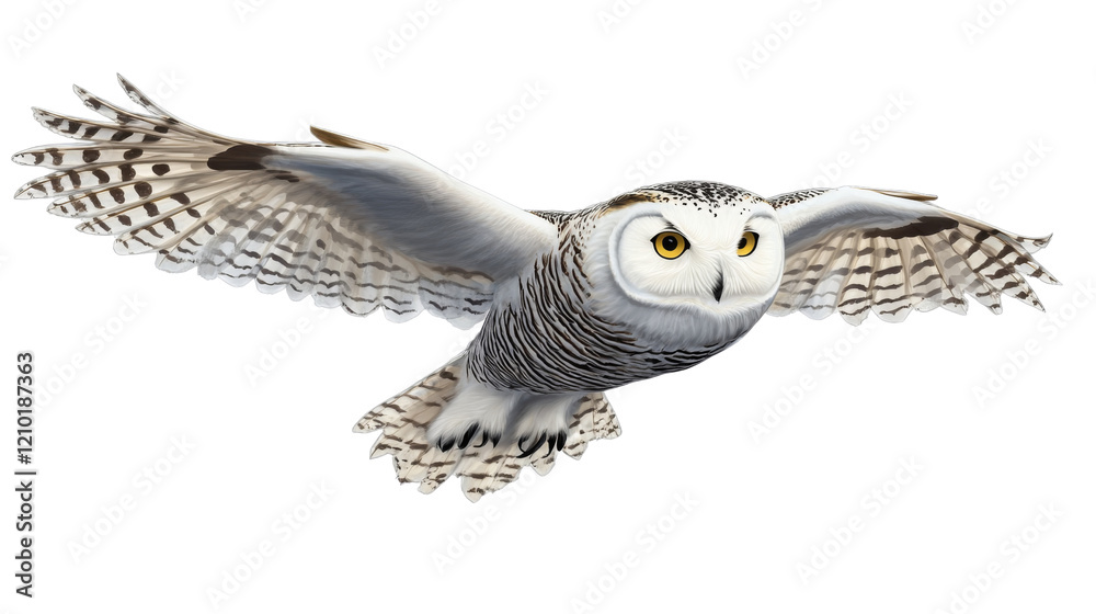 Fototapeta premium Snowy owl gliding in the air, isolated on transparent background