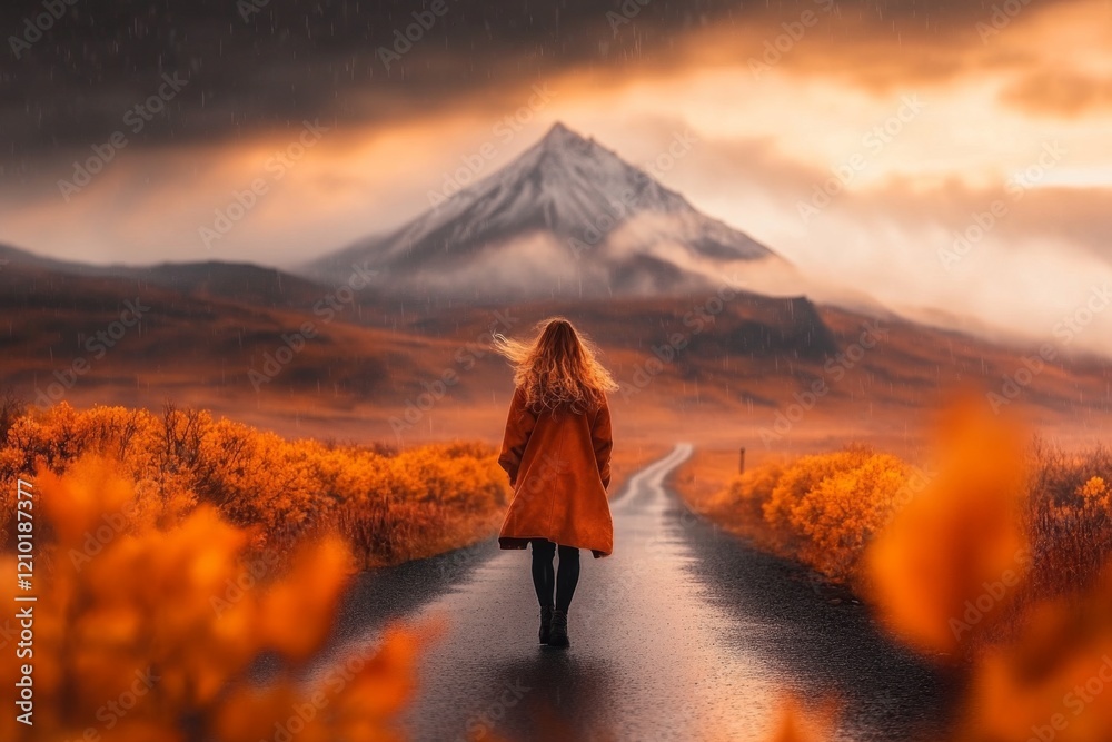 A single car driving down an empty highway at sunset, with the vast landscape stretching endlessly into the horizon A single car driving down an empty highway at sunset, with the vast landscape stretching endlessly into the horizon