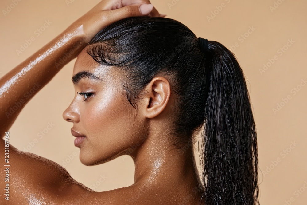 Profile of woman with wet hair in elegant ponytail style