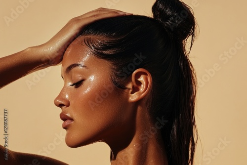 Elegant side profile of a woman with hair bun updo.