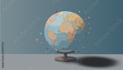 Vintage Globe on a Stand Against a Light Blue Background with Colorful Confetti