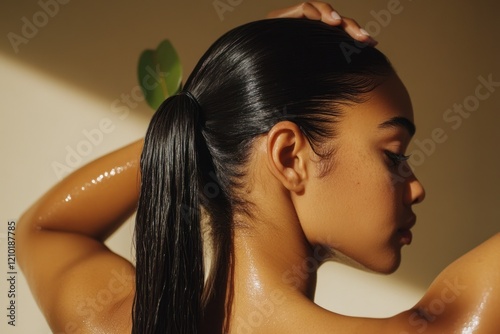 Woman with slick ponytail against sunlight inside room