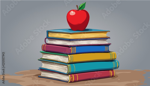 Stack of Colorful School Books on a Wooden Table with a Shiny Red Apple on Top, Representing Knowledge and Learning