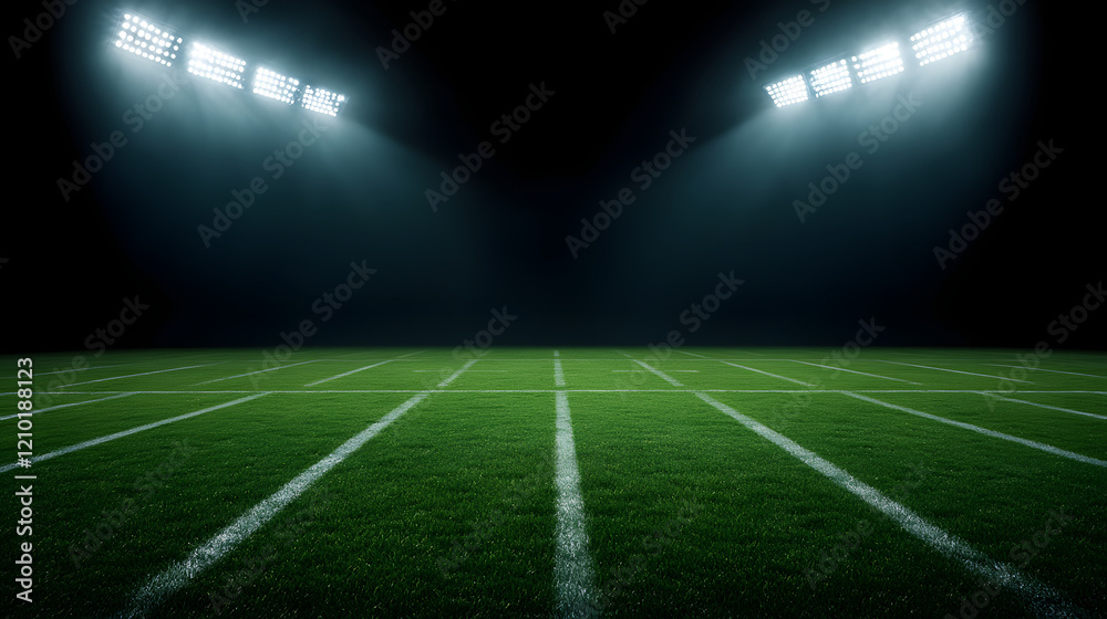 Football field illuminated by stadium lights, with copy space for text, highlighting the vibrant green pitch and the electrifying atmosphere of an evening match.
Football field illuminated by stadium lights, with copy space for text, highlighting the vibrant green pitch and the electrifying atmosphere of an evening match.
