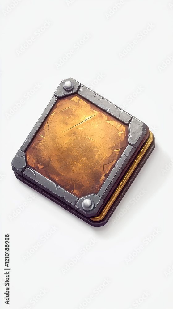 3D isometric illustration of textured, metallic square object with golden surface and stone 3D isometric illustration of textured, metallic square object with golden surface and stone