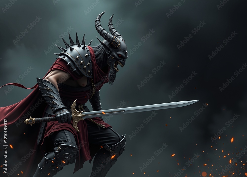 Obraz premium Demon warrior holding sword walking through fire and smoke