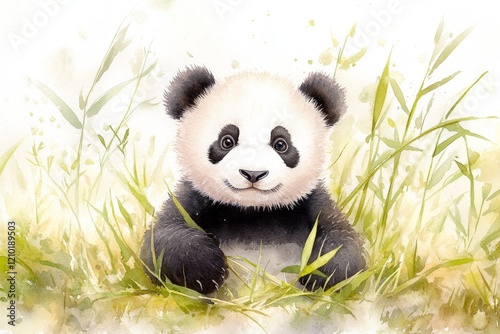 A soft watercolor painting of a panda sitting in its zoo habitat, with bamboo stalks and a naturalistic setting blending together harmoniously
