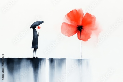 Fototapeta Naklejka Na Ścianę i Meble -  A soft watercolor painting of a person standing in the rain, holding a faded flower, with muted tones blending into the paper for an ethereal effect