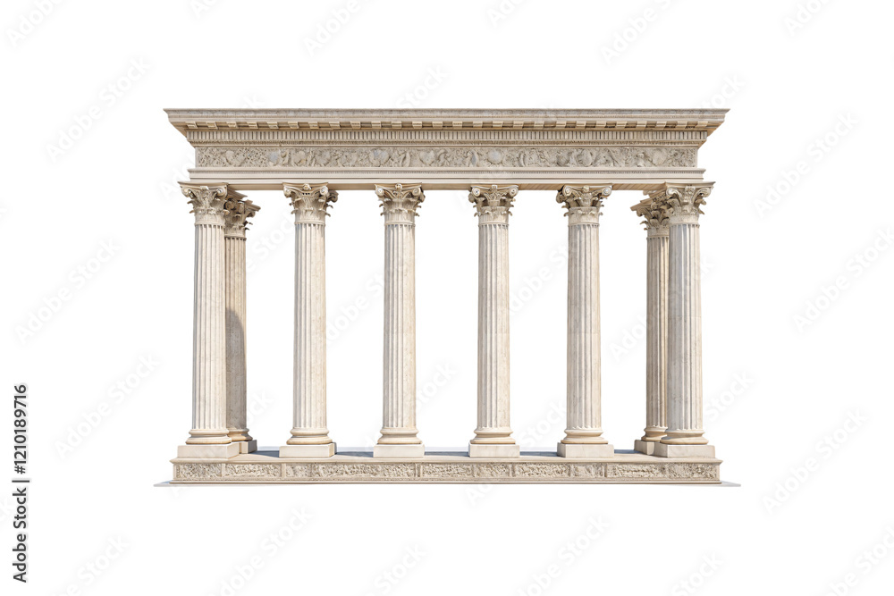 A symmetrical view of a temple’s grand columns and pediment, detailed carvings accentuating its historical and artistic grandeur. Isolated on a transparent background A symmetrical view of a temple’s grand columns and pediment, detailed carvings accentuating its historical and artistic grandeur. Isolated on a transparent background
