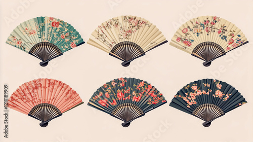 Elegant hand fans adorned with intricate vintage Victorian floral patterns photo