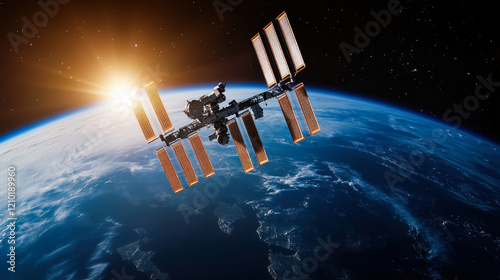 Fototapeta Naklejka Na Ścianę i Meble -  Futuristic space station orbiting Earth, illuminated by sunlight