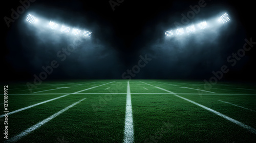 Football field illuminated by stadium lights, with copy space for text, highlighting the vibrant green pitch and the electrifying atmosphere of an evening match. 