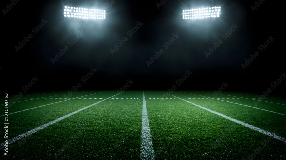 Football field illuminated by stadium lights, with copy space for text, highlighting the vibrant green pitch and the electrifying atmosphere of an evening match.
Football field illuminated by stadium lights, with copy space for text, highlighting the vibrant green pitch and the electrifying atmosphere of an evening match.