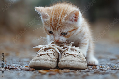 Playful Kitten Explores New Territory, Sniffing and Pawing at Colorful Shoes photo