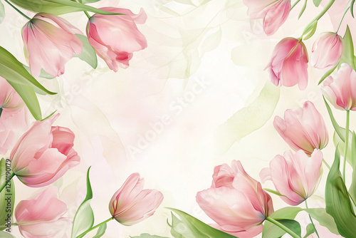 Frame of pink tulips with soft petals and lush green leaves