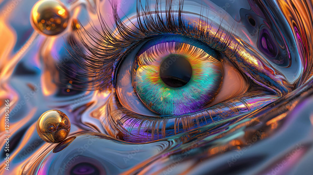 Naklejka premium Hyper-realistic digital artwork of a surreal eye with metallic reflections and vibrant colors