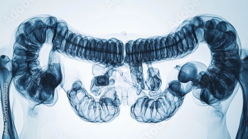 A frontal X-ray view of the intestines, showing loops of the small intestine and the surrounding organs, on a plain white background.