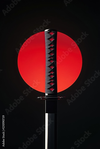 Katana sword with a red circular backdrop in an artistic composition, symbolizing Japanese culture, martial arts, and traditional craftsmanship in photography. photo