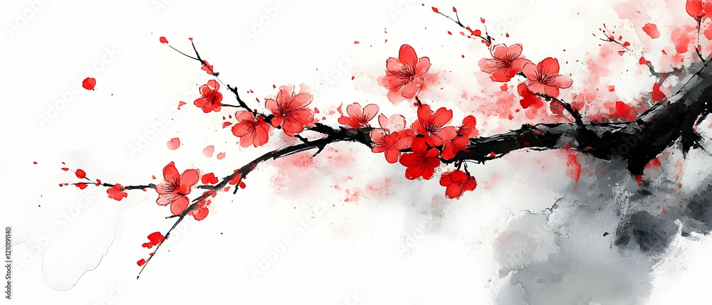 Naklejka premium Red blossoms branch, watercolor, Asian art, white background