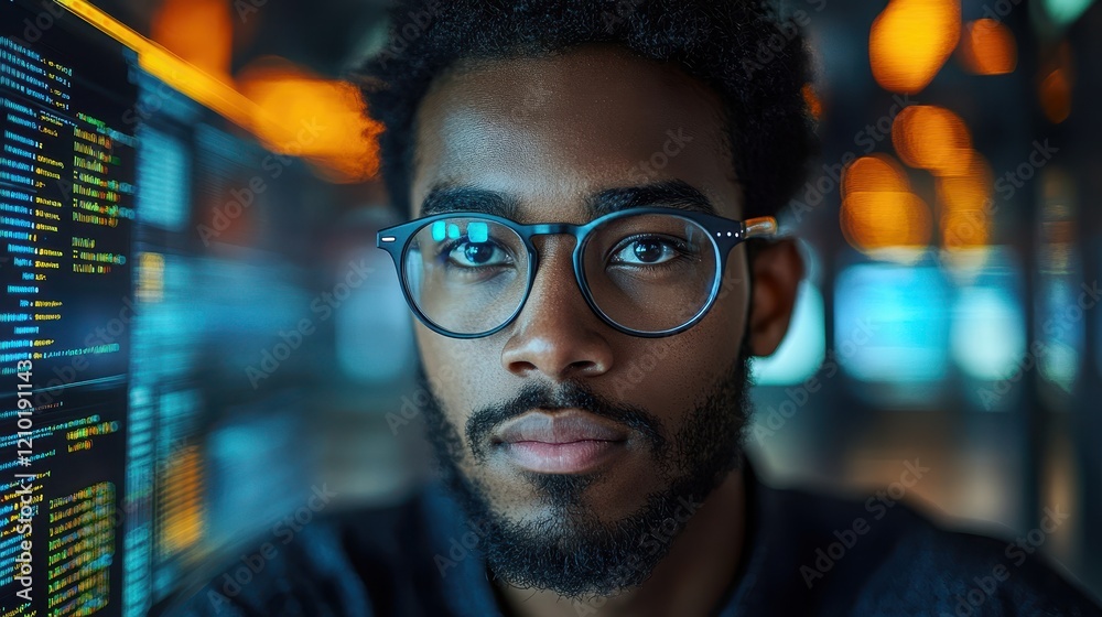 A focused individual with glasses in a tech environment, surrounded by data. A focused individual with glasses in a tech environment, surrounded by data.