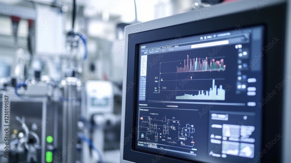 Computer monitor displaying real time data and charts for industrial process control, set against a blurred backdrop of machinery in a modern factory environment Computer monitor displaying real time data and charts for industrial process control, set against a blurred backdrop of machinery in a modern factory environment