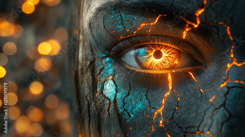 Hyper-realistic 3D artwork of a cracked face with a glowing fiery eye and dramatic lighting