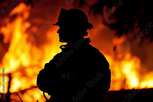 silhouette of fireman standing on fire background, in shadows photo