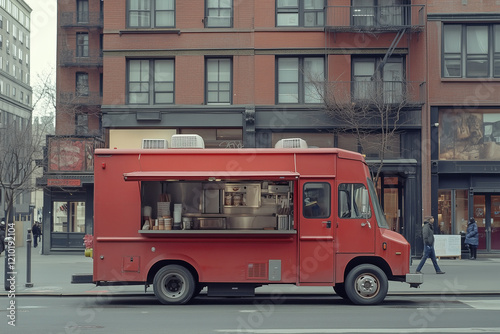 Street view of a old food truck with a cheerful vibe