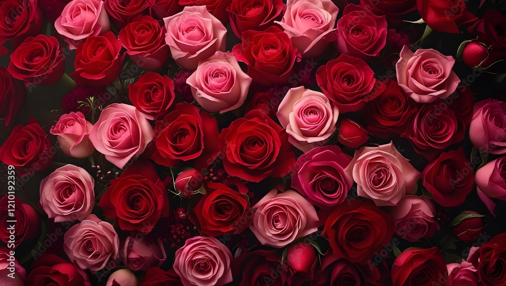 Natural fresh red and pink roses flowers pattern wallpaper. top view, Red rose flower wall background. Natural fresh red and pink roses flowers pattern wallpaper. top view, Red rose flower wall background.
