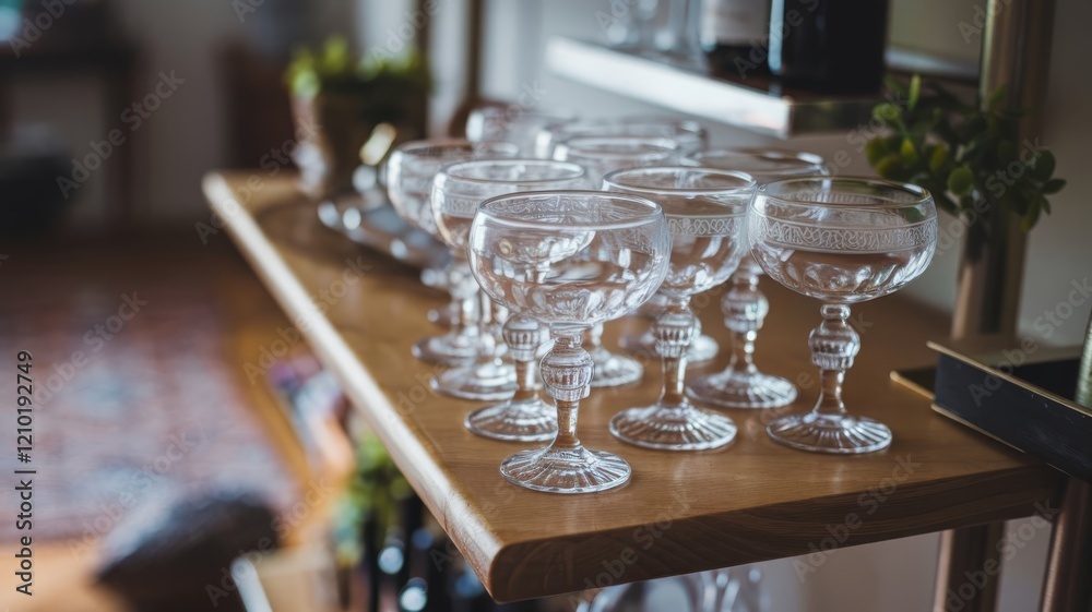 Transparent wine goblets set on a bar shelf, showcasing their delicate design Transparent wine goblets set on a bar shelf, showcasing their delicate design