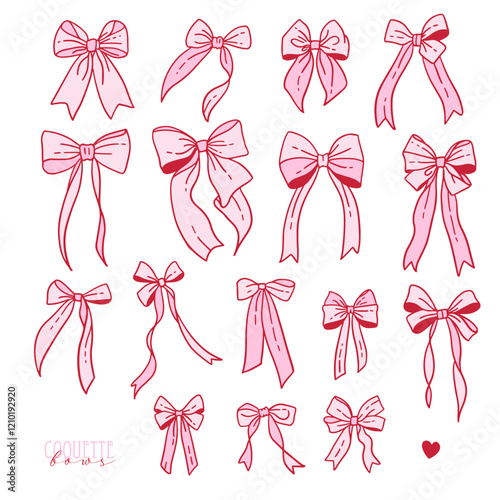 Girly satin Bows tied with silk ribbons set. Festive set of tapes. Holiday decorations for clothing. Isolated cliparts for card, coquette gifts, girls decor, Valentines. Vector contour illustration.