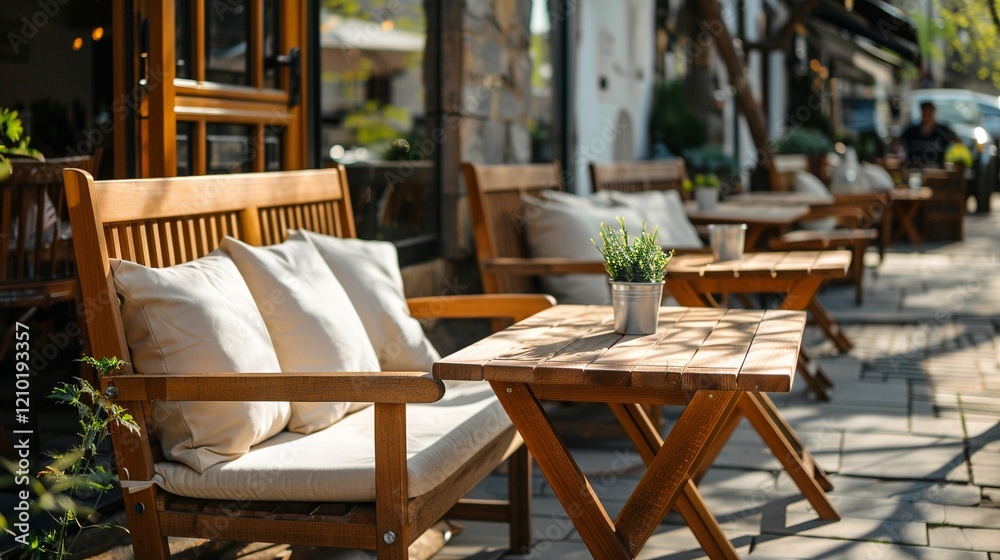 Fototapeta premium Picturesque outdoor cafe with rustic wood decor background image. White cushions, leafy plants, al fresco style photo backdrop wallpaper realistic. Alfresco dining concept photorealistic