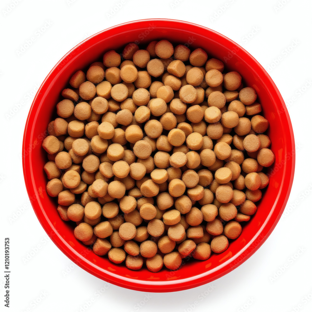 A dry cat food in a vibrant red bowl, isolated on white. Ideal for pet food marketing, nutrition blogs, and animal care content. A dry cat food in a vibrant red bowl, isolated on white. Ideal for pet food marketing, nutrition blogs, and animal care content.