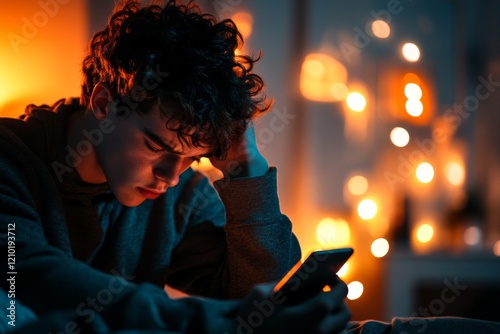 A teenager sitting on the edge of their bed, flipping through their phone with a bored and disengaged expression