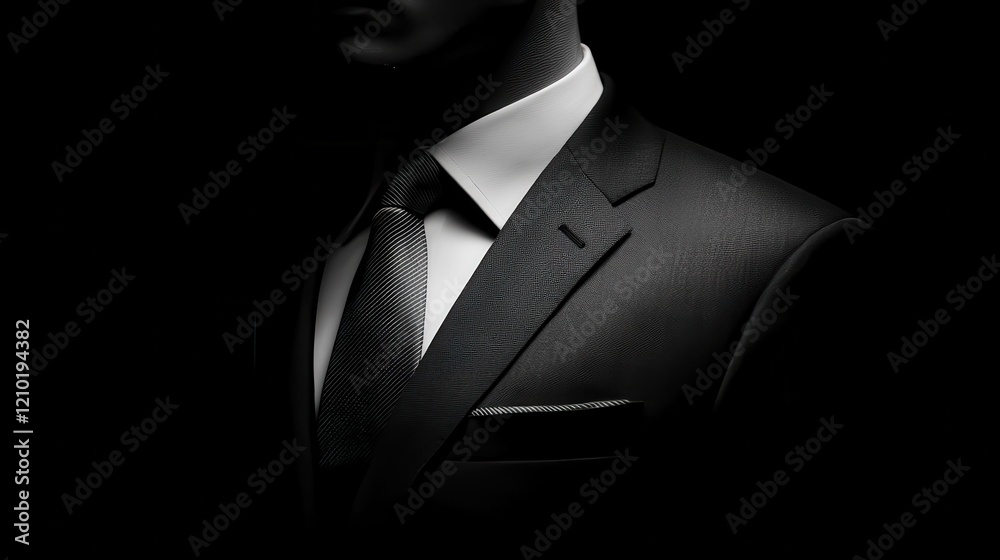 Elegant black suit with a tie against a pure black background emphasizing simplicity and sophistication